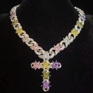 Multicolor Flower Chain Cross Necklace - Women Jewelry 18inch